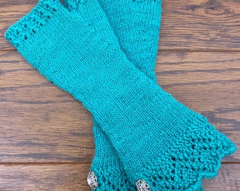 Hand Spun, Hand Made Lace Fingerless Gloves. Baby Alpaca and Merino Wool. Sea Green, Button, Elegant, Hand Dyed, Hand Knitted.