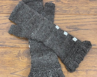 Heather Gray, Fingerless Gloves: Alpaca, Wool, Hand Milled, hand spun, Hand Knitted, with Buttons