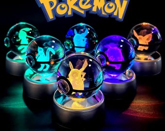 Crystal Pokeball Night Light, 3D Laser Engraved LED Crystal Ball, Pokemon Inspired Decor