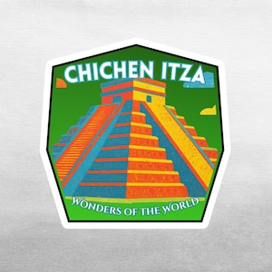 May include: A sticker featuring a colorful illustration of the Chichen Itza pyramid. The design includes the text "CHICHEN ITZA" at the top and "WONDERS OF THE WORLD" at the bottom, set against a green background.