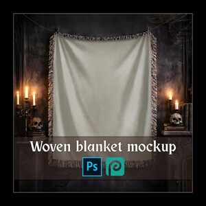 Mockup sjabloon voor geweven deken met franjes, Gothic Dark Academia katoenen plaid mock-up, Photoshop PSD Smart Object wandtapijt Printify mock-up