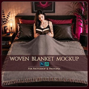 May include: A woven blanket with a textured surface and fringed edges, displayed as a digital mockup. The image features the text WOVEN BLANKET MOCKUP FOR PHOTOSHOP & PHOTOPEA, along with software icons, presented in a dark, atmospheric bedroom setting.
