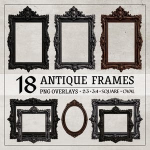 Puede incluir: Una colección de 18 marcos antiguos ornamentados en acabados negro y marrón oscuro, con intrincados adornos y tallas decorativas. La imagen incluye formas rectangulares y ovaladas con el texto 18 ANTIQUE FRAMES PNG OVERLAYS.