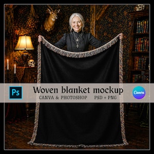 Woven Blanket Mockup Template, Grandma Holding Fringed Cotton Tapestry in Gothic Farmhouse, Smart Object PSD & PNG Fall Halloween Mock Ups