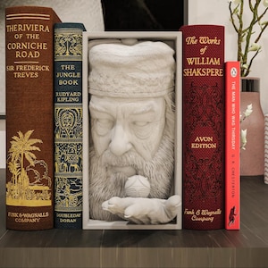 May include: A decorative bookshelf arrangement featuring several books with titles like "The Riviera of the Corniche Road" and "The Jungle Book." A white bust of a man is centered between the books. The books are in shades of brown, blue, and red.