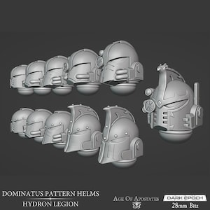 Può includere: Una collezione di elmi in miniatura grigi etichettati Dominatus Pattern Helms Hydron Legion Age of Apostates Dark Epoch 28mm Bitz. Il set include vari design di elmi con visiere, attacchi laterali e creste distinti in scala 28mm.