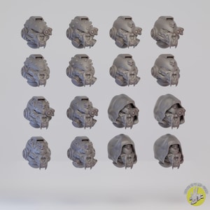 Può includere: Una collezione di sedici elmi in miniatura in resina grigia disposti in una griglia quattro per quattro. Gli elmi presentano vari design, tra cui cime chiodate, emblemi a teschio e varianti con cappuccio, tutti dotati di visiere meccaniche.