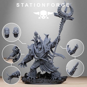 May include: A gray, detailed miniature figure of a warrior holding a staff, with additional component parts. The figure has ornate armor and a horned helmet. The word "STATIONFORGE" is at the top of the image.