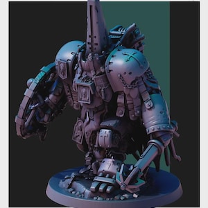 Könnte beinhalten: Eine detaillierte, graue Miniaturfigur eines stark gepanzerten Roboters oder Mechs. Die Figur weist komplizierte mechanische Details auf, darunter Nieten, Paneele und scheinbar religiöse Ikonen. Der Sockel ist dunkelgrau, und das Gesamtdesign deutet auf ein Science-Fiction- oder Fantasy-Thema hin.