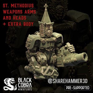 May include: A green miniature mech figure with a church-style head and a large cannon arm. The text "ST. METHODIUS WEAPONS ARMS AND HEADS + EXTRA BODY" is displayed in red. The Black Cobra Miniatures logo and "@SHAREHAMMER3D PRE-SUPPORTED" are also visible.