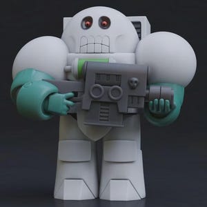 Peut inclure: Une figurine de robot blanc et caricatural avec une tête en forme de crâne et des yeux rouges. Il a de larges épaulettes arrondies et des mains turquoise. Le robot tient une arme grise avec un emblème de crâne et une fiole verte.