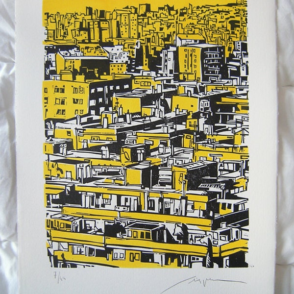 CITY WOODCUT Barcelona. City skyline yellow ink woodcut