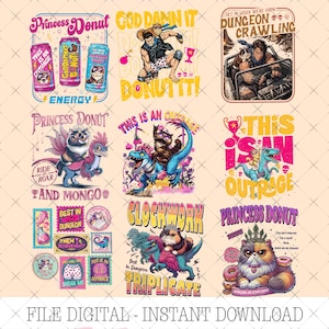 May include: A digital art print featuring various designs with cats, dinosaurs, and donuts. The designs include text such as "Princess Donut," "This is an Outrage," and "Dungeon Crawling." The color palette includes pink, blue, and yellow.
