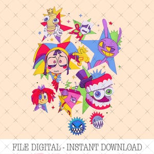 May include: A digital illustration featuring a collection of colorful cartoon characters including a jester, a purple rabbit, a king chess piece, and a set of chattering teeth. The design includes various star shapes and small spikes on a light background.