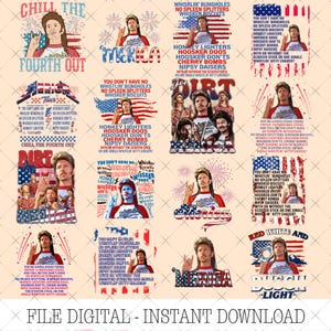 Peut inclure: Téléchargement numérique présentant des motifs patriotiques avec un homme en chemise rouge, blanche et bleue. Les motifs incluent du texte comme "America", "Fourth Out", et des phrases sur les feux d'artifice et l'été.