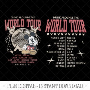 Peut inclure: Design graphique noir avec Mickey Mouse et le texte "DRINK AROUNDE THE WORLD TOUR". Le design comprend un globe, des éclairs et une liste de villes. La phrase "FILE DIGITAL - INSTANT DOWNLOAD" est en bas.