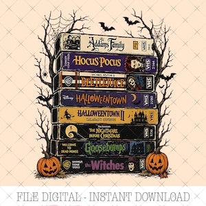 May include: A stack of eight vintage VHS tapes featuring movie titles including The Addams Family, Hocus Pocus, Beetlejuice, Halloweentown, Halloweentown II, The Nightmare Before Christmas, Goosebumps, and The Witches, framed by bare trees and pumpkins.