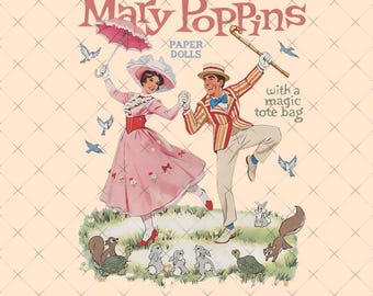 Muñeca de papel de Mary Poppins y Bert de Walt Disney en acuarela con una bolsa mágica PNG, citas "Prácticamente perfectas en todos los sentidos" PNG