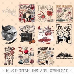 Puede incluir: Una colección de impresiones de arte digital con varios diseños, incluyendo texto e ilustraciones. Los diseños incluyen una pareja, una luna llena con murciélagos, una camioneta roja y texto que dice "Twilight" y "Thank You For The Venom."