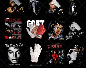 May include: A collection of digital images featuring Michael Jackson. The images include portraits, album covers, and iconic imagery such as a white glove and the word "Thriller". The background is black.
