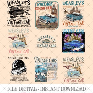 May include: A set of digital prints showcasing vintage car designs with the text "Weasley's Vintage Cars" and "Vintage Flying Car". The illustrations include cars, Hogwarts, and the Big Ben clock tower. The phrase "File Digital - Instant Download" is at the bottom.