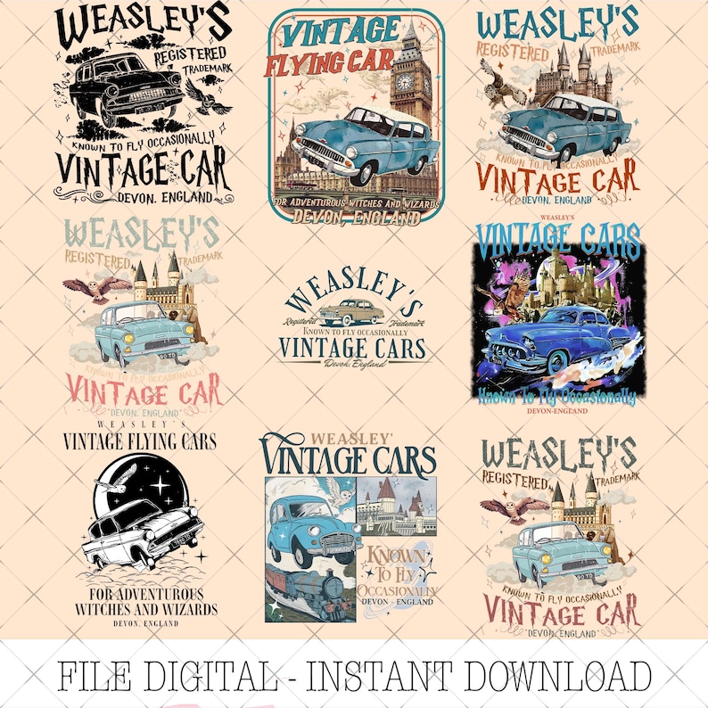 May include: A set of digital prints showcasing vintage car designs with the text "Weasley's Vintage Cars" and "Vintage Flying Car". The illustrations include cars, Hogwarts, and the Big Ben clock tower. The phrase "File Digital - Instant Download" is at the bottom.
