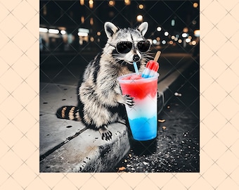 4th of July Raccoon Drinking Patriotic Slushie Digital Download, Funny American Meme Png, Red White Blue Popsicle Drink Png
