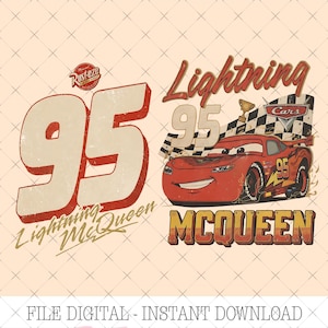 May include: A vintage-style graphic featuring Lightning McQueen from the movie Cars. The design includes the number 95, the words "Lightning McQueen," and a red race car with a checkered flag. The background is a light beige.