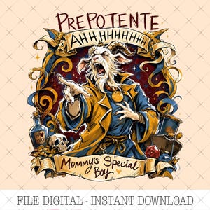 Puede incluir: Una ilustración digital de una criatura con aspecto de cabra en una túnica amarilla y azul, señalando hacia adelante. El texto dice PREPOTENTE AHH HHHHHHH y Mommy's Special Boy. Rodeado de una calavera, monedas de oro, una poción y dados.