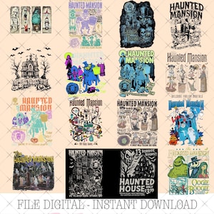 Può includere: Una collezione digitale di sedici design grafici a tema Haunted Mansion, che include illustrazioni di fantasmi, scheletri, case infestate e personaggi con testi come Haunted Mansion, 999 Happy Haunts e 13 Horrific Rooms.