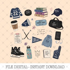 May include: A collection of digital illustrations featuring a hockey jersey with Decker 22, a puck, a stack of books, a Briar U cap, a duffel bag, a coffee cup, a megaphone, a ticket, hockey sticks, a pennant, a hoodie, a phone, skates, and a foam finger.