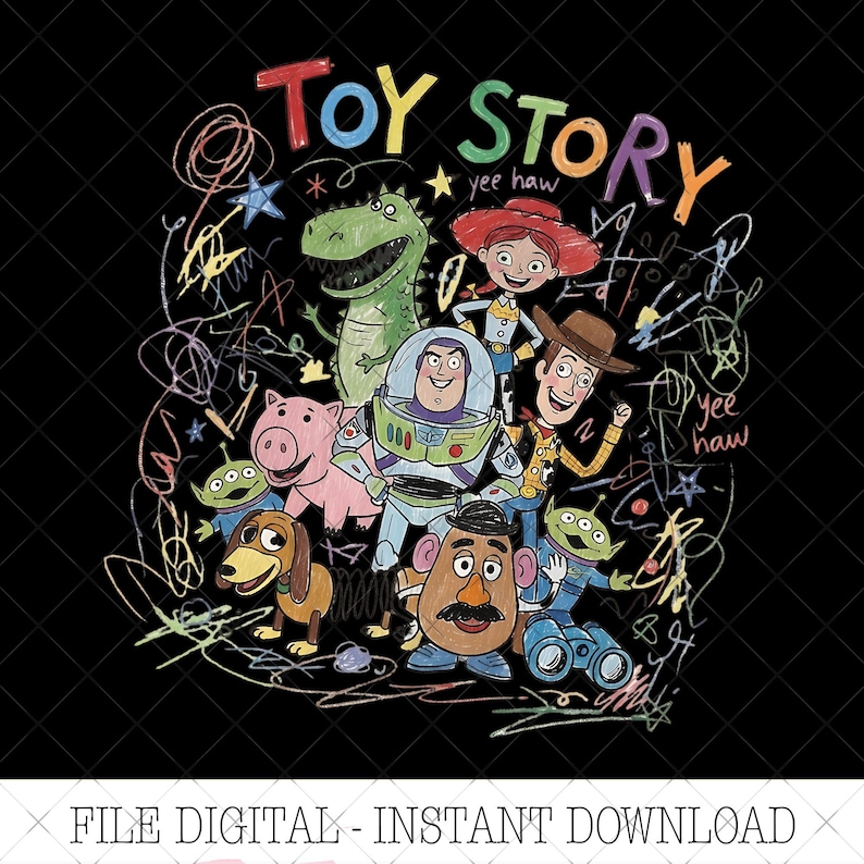 May include: A digital graphic featuring the colorful text TOY STORY at the top, surrounded by a chaotic scribble of lines and stars. The illustration includes characters like Buzz Lightyear, Woody, Jessie, Rex, Hamm, Slinky Dog, Mr. Potato Head, and Aliens.