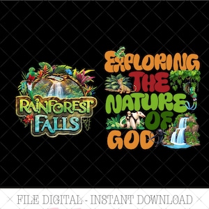 May include: Two digital designs on a black background. One design says "Rainforest Falls" with a waterfall and colourful birds. The other design says "Exploring the Nature of God" with jungle animals and a waterfall.
