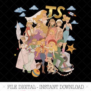 May include: A digital illustration featuring multiple blonde characters dressed in various costumes, including space ranger, cowgirl, and dinosaur outfits, arranged against a black background with blue clouds, a rocket, and the gold letters TS.