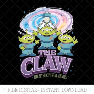 Op de afbeelding: Een grafische illustratie met drie groene drieogige buitenaardse wezens in blauwe ruimtepakken onder een wervelend pastelkleurig portaal. Een mechanische klauw hangt aan het portaal. De tekst luidt THE CLAW en THE MYSTIC PORTAL AWAITS in paarse letters.