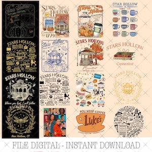 Può includere: Una collezione digitale di design grafici a tema Stars Hollow con illustrazioni di gazebo, zucche, tazze da caffè, libri e collage di personaggi con testo che include Stars Hollow, Luke's e Dragonfly Inn per il download immediato.