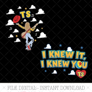 May include: A digital graphic featuring a person in a yellow plaid shirt and cow-print bell-bottoms holding a guitar and red hat, surrounded by clouds and stars. Text reads TS, I KNEW IT, I KNEW YOU, and TS inside a red heart with a ball icon.
