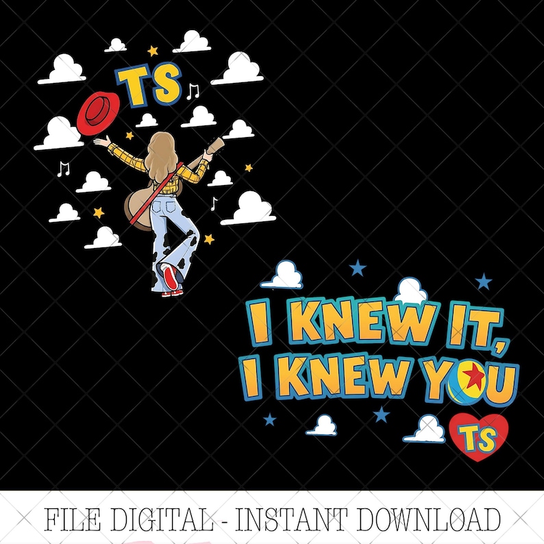 May include: A digital graphic featuring a person in a yellow plaid shirt and cow-print bell-bottoms holding a guitar and red hat, surrounded by clouds and stars. Text reads TS, I KNEW IT, I KNEW YOU, and TS inside a red heart with a ball icon.