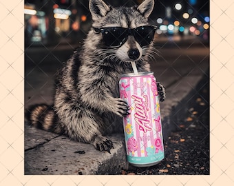 Mapache bebiendo bebida energética amante PNG, Retro prehistórico PNG, Regalo para amantes de los animales, Meme divertido de animales PNG, Mapache de café PNG