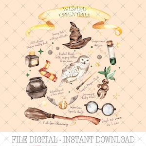 May include: A digital illustration titled Wizard Essentials featuring watercolor drawings of a brown wizard hat, a white owl, a black cauldron, a broomstick, round glasses, a potion bottle, a mandrake, a golden snitch, and an inkwell.