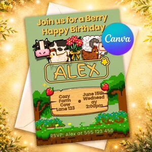 Cottagecore Birthday Invitation Template, Pixel Farm Party Invite | Cozy Gamer Birthday (Digital Template, Editable on Canva)