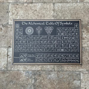 May include: A black rectangular sign with gold trim, displaying "The Alchemical Table of Symbols" in white text. The sign is covered in alchemical symbols and diagrams, including zodiac signs and other processes.