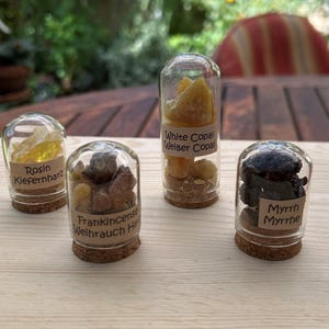 Op de afbeelding: Vier kleine glazen stolpen met kurken bodems gevuld met natuurlijke harsen. De labels vermelden Rosin, Frankincense Weihrauch Harz, White Copal Weiber Copal en Myrrh Myrrhe. Elke houder bevat verschillende stukjes hars in geel, bruin en zwart.