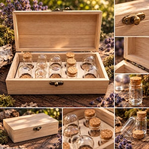 Può includere: Una scatola rettangolare in legno chiaro con coperchio incernierato e chiusura in ottone, contenente diversi piccoli flaconi in vetro trasparente con tappi di sughero. I flaconi sono disposti in un inserto bianco all'interno della scatola.