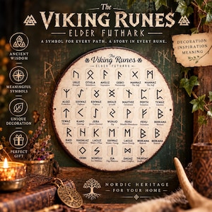 Może przedstawiać: Okrągła metalowa tabliczka przedstawiająca alfabet run wikingów Elder Futhark. Kremowa powierzchnia zawiera czarne symbole runiczne wraz z ich nazwami i znaczeniami wydrukowanymi pod każdym znakiem. Tabliczka ma krawędź w stylu zardzewiałym.