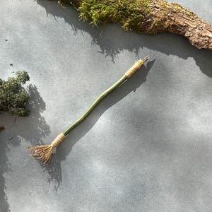 May include: A handcrafted green wand with a natural, organic aesthetic. The wand features a slender, curved wooden shaft, wrapped with tan twine at both ends. The tip has a metal nib, and the base has a bundle of natural fibers. The wand is approximately 30 cm long.
