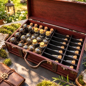 May include: A dark wood storage chest with a hinged lid, featuring a divided interior. One side contains numerous small glass vials with cork stoppers, while the other side has black slotted compartments holding additional glass vials with corks.