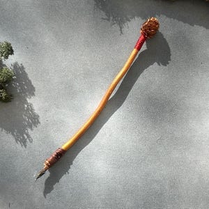 May include: A handcrafted wooden pen with a curved, natural form. The pen has a small pinecone at the top, a red band, and a brown wrapped section near the nib. The pen is a warm, natural colour.