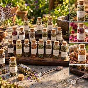 May include: A collection of small clear glass vials with cork stoppers, each containing dried herbs and labelled with a number and name. The vials are arranged on a tiered wooden stand, accompanied by a metal spoon with a clear crystal handle.