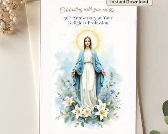 Cartão imprimível 5x7 para o 50º aniversário da profissão religiosa de freira, com bênçãos marianas, download digital para o jubileu de uma irmã católica.